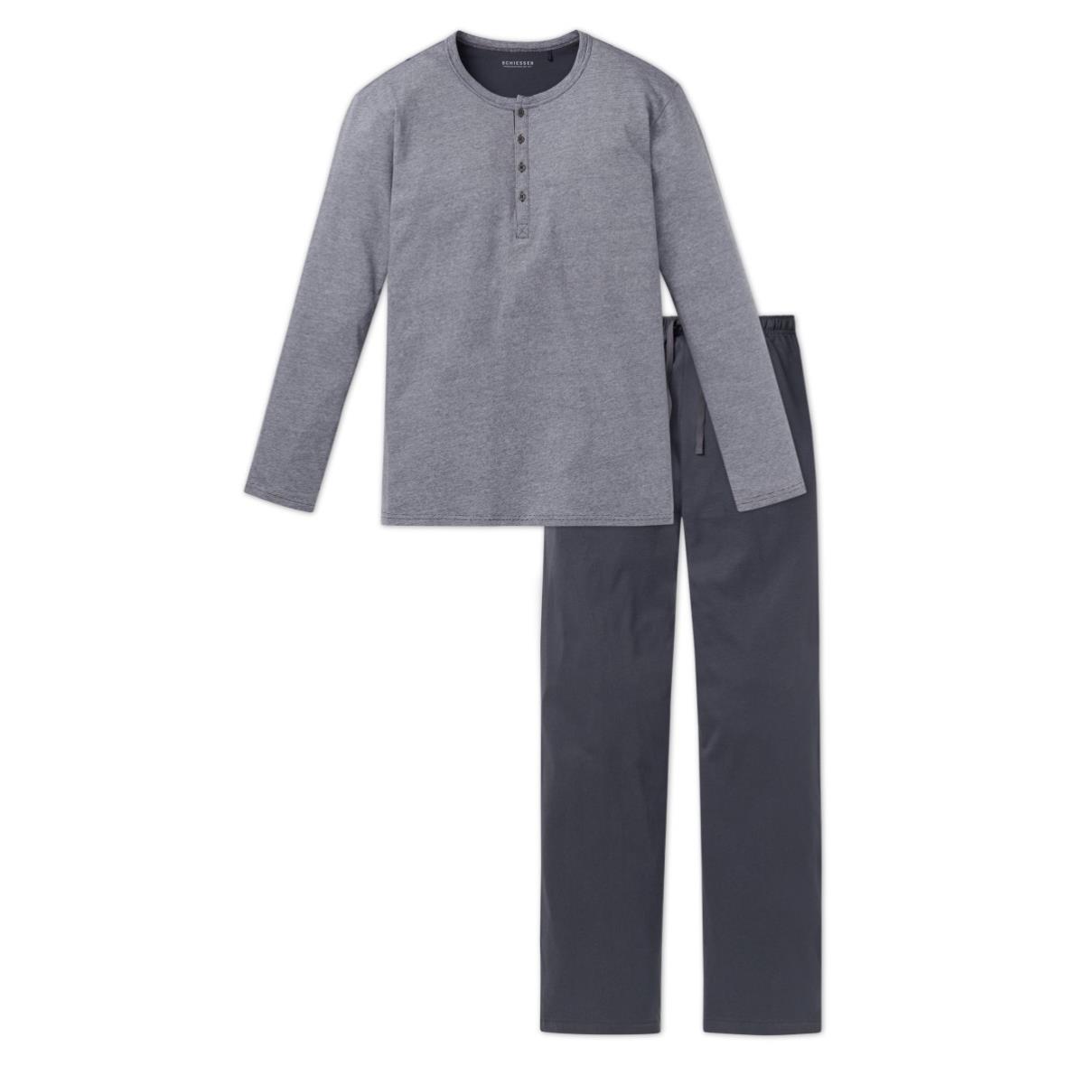 Schlafanzug lang Knopfleiste grau-weiß geringelt Siemers Ebony<br Online-Shop - - 