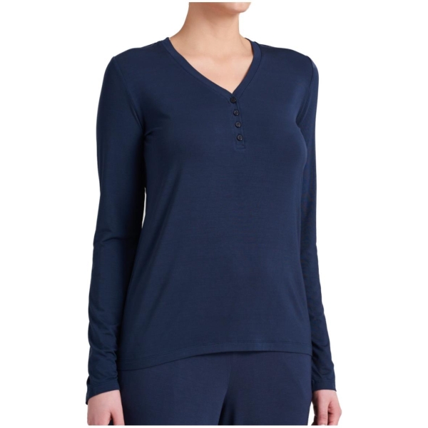 Schiesser Damen langarm Shirt Mix+Relax V-Ausschnitt mit Knopfleiste